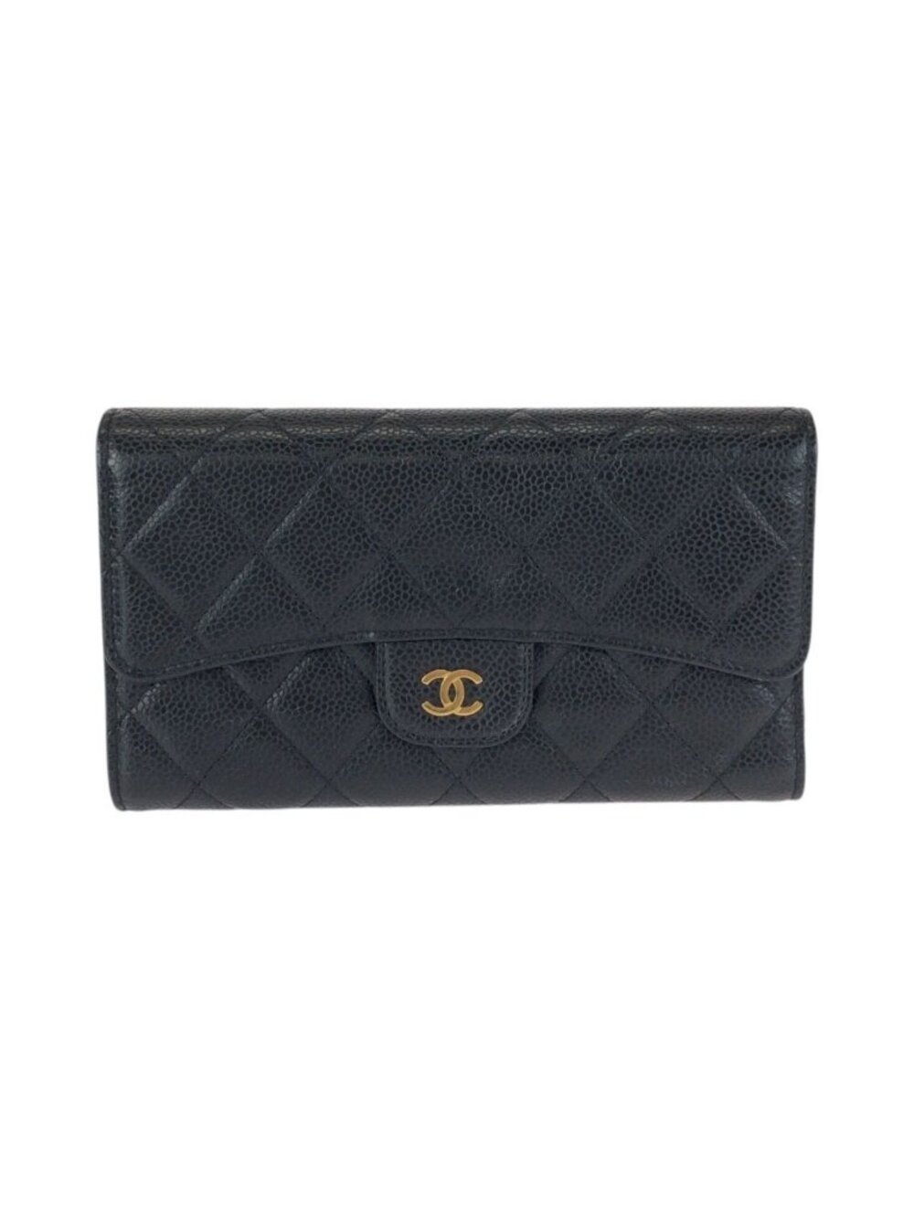 Chanel Quilted CC Logo Black Gold Caviar Leather Wallet